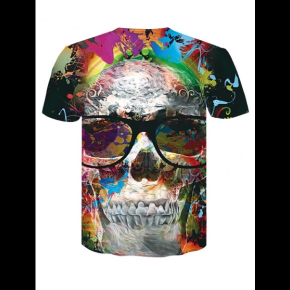 Multicolored Graffiti Sugar Skull 💀 Head Short Sleeve T-Shirt - Picture 2 of 2